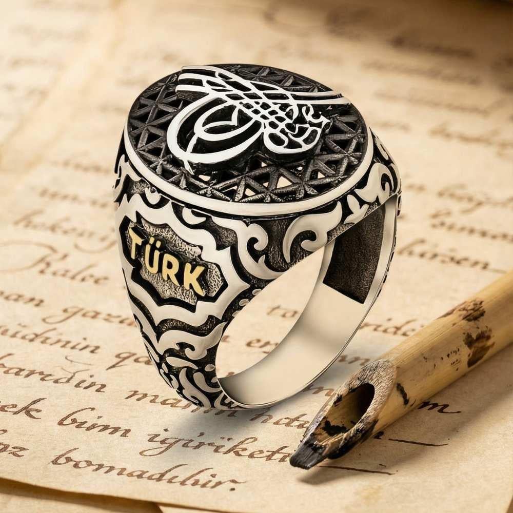 Osmanlı Tuğralı Göktürkçe Türk Motifli Gümüş Erkek YüzükOttoman Tughra Ring