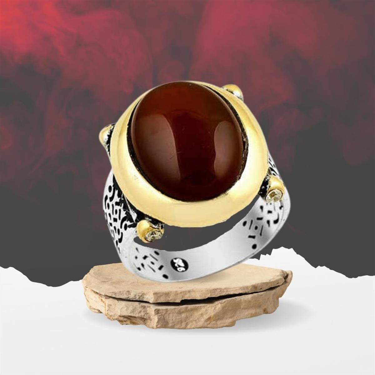 Oval Akik Taşlı Desenli Gümüş Erkek Yüzük
