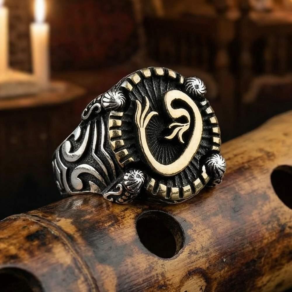 Oval Arapça Vav Motifli Gümüş Erkek YüzükElif Vav Yüzük