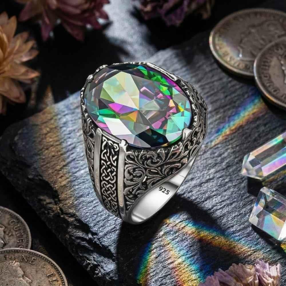 Oval Kasa Çiçek Desenli Mistik Topaz Taşlı Gümüş YüzükMystic Topaz Stone Ring