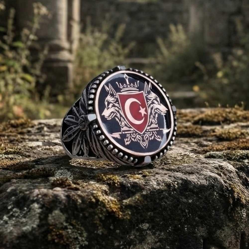 Oval Kasa Çift Kurt Ay Yıldız Gümüş YüzükGrey Wolf Ring