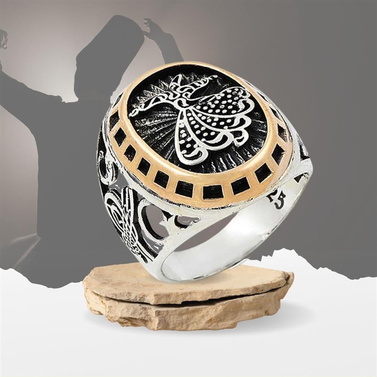 Oval Mevlana Desenli Gümüş Erkek Yüzük