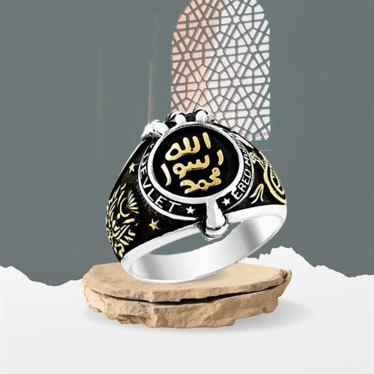 Oval Mührü Şerif Osmanlı Arma Desenli Gümüş Erkek Yüzük