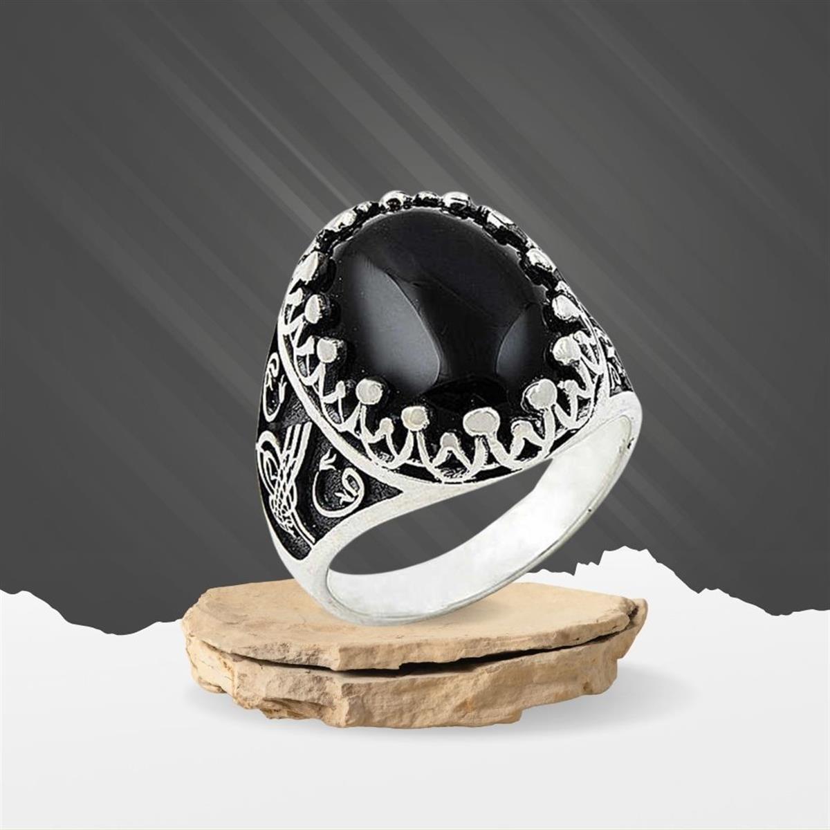 Oval Oniks Taşlı Osmanlı Tuğra Desenli Gümüş Erkek Yüzük