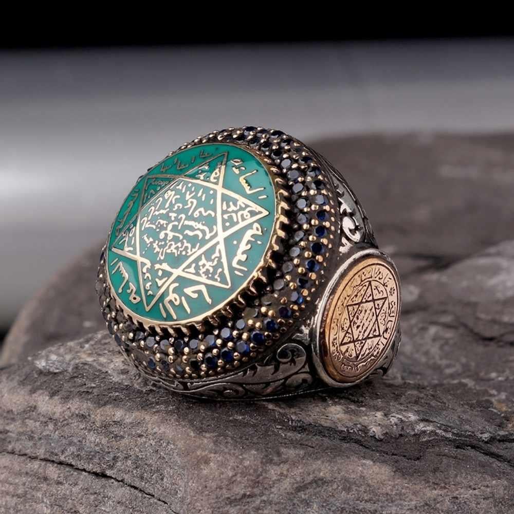 Oval Tasarım Yeşil Mineli Süleyman Mührü Gümüş YüzükSüleyman Mührü Yüzükler