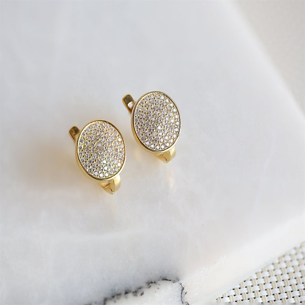 Oval Taşlı Kadın Gümüş Küpe Gold