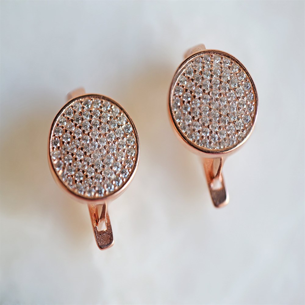 Oval Taşlı Kadın Gümüş Küpe Rose