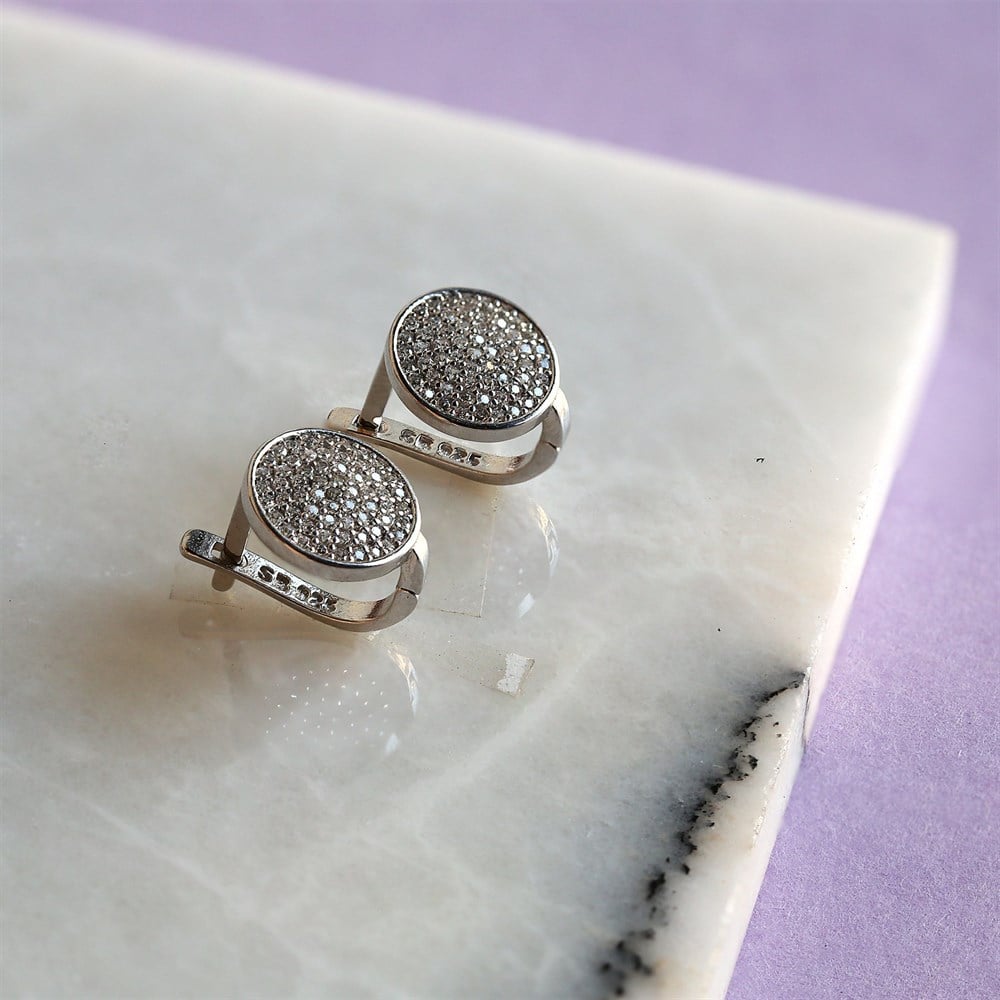 Oval Taşlı Kadın Gümüş Küpe Silver