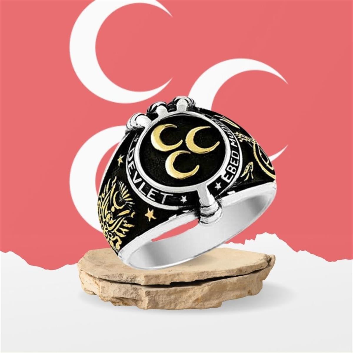 Oval Üç Hilal Osmanlı Arma Desenli Gümüş Erkek Yüzük