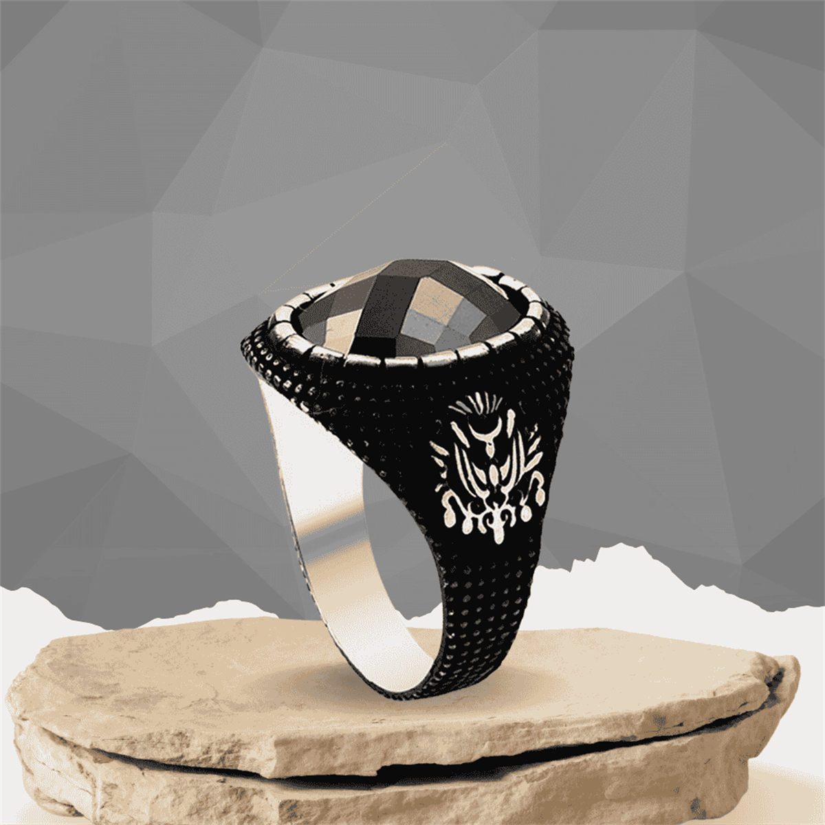 Oval Zirkon Taşlı Devlet Arma Motifli Gümüş Erkek Yüzük