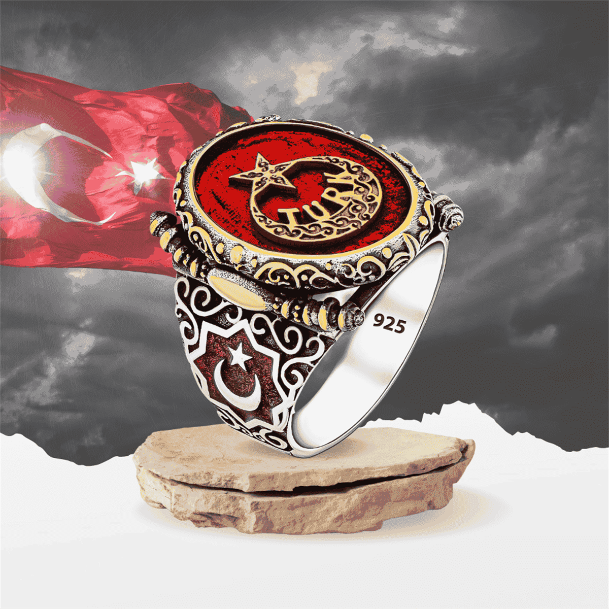 Payitaht Model Ay Yıldız Mineli Gümüş Erkek Yüzük