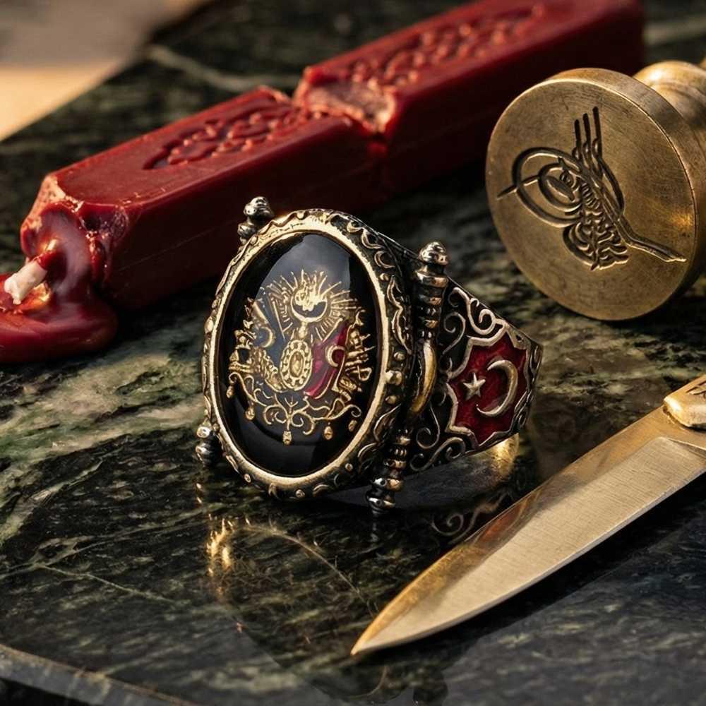 Payitaht Model Osmanlı Devlet Armalı Gümüş Yüzük SiyahOsmanlı Yüzükleri