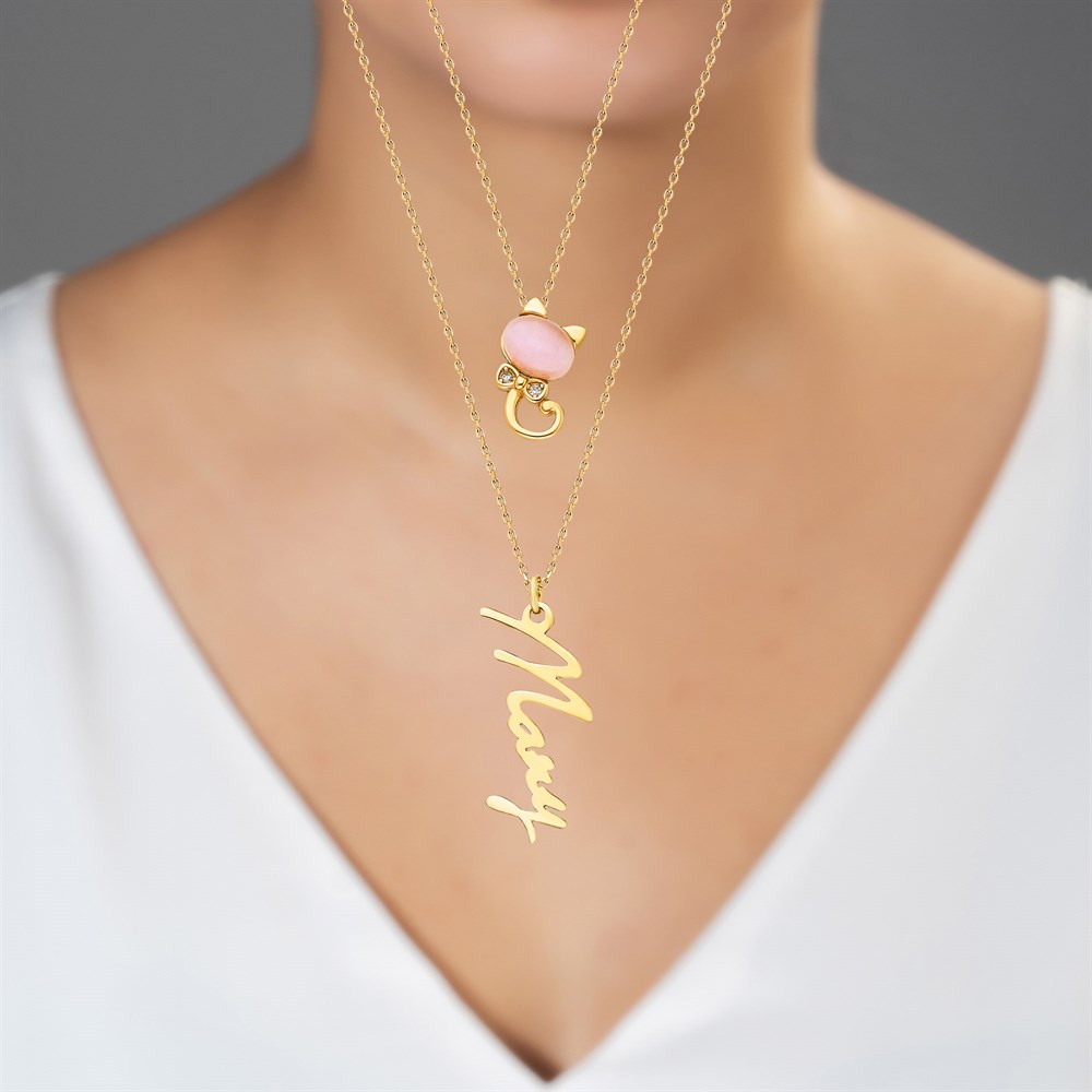 Pembe Kuvars Taşlı İsim Yazılı Gümüş Kolye Gold