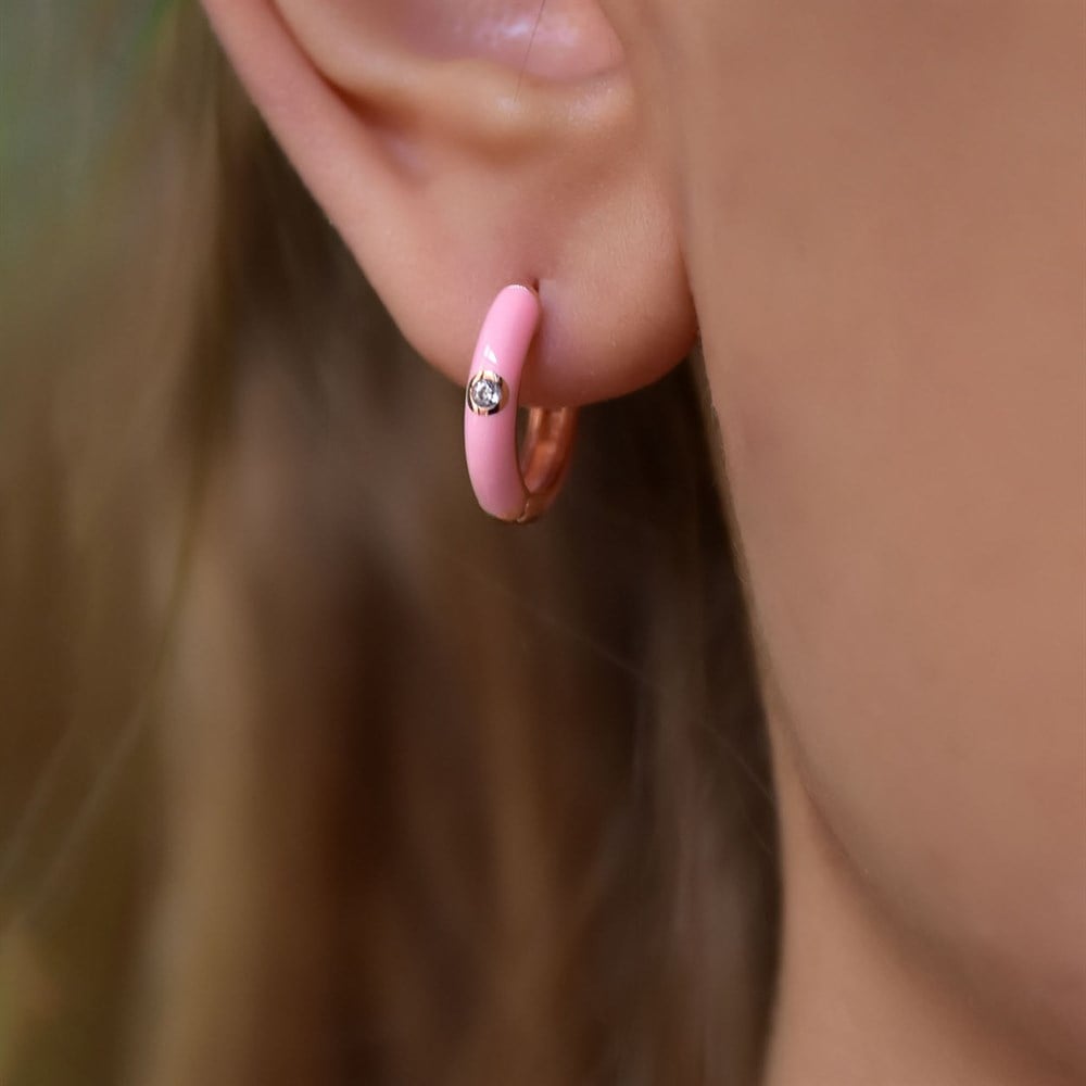 Pembe Mineli Taş Detaylı Gümüş Küpe