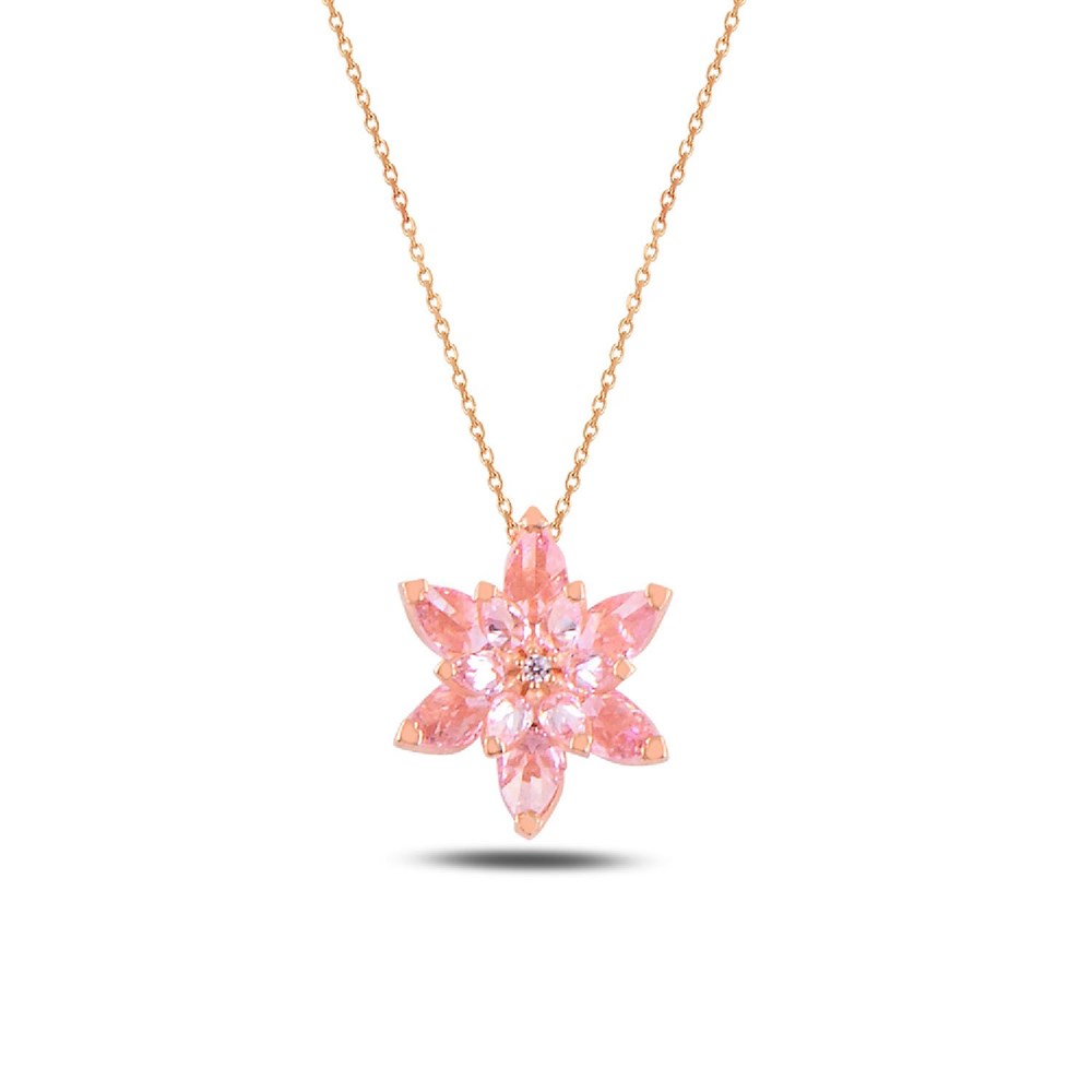 Pembe Renk  Lotus Model Gümüş Kolye