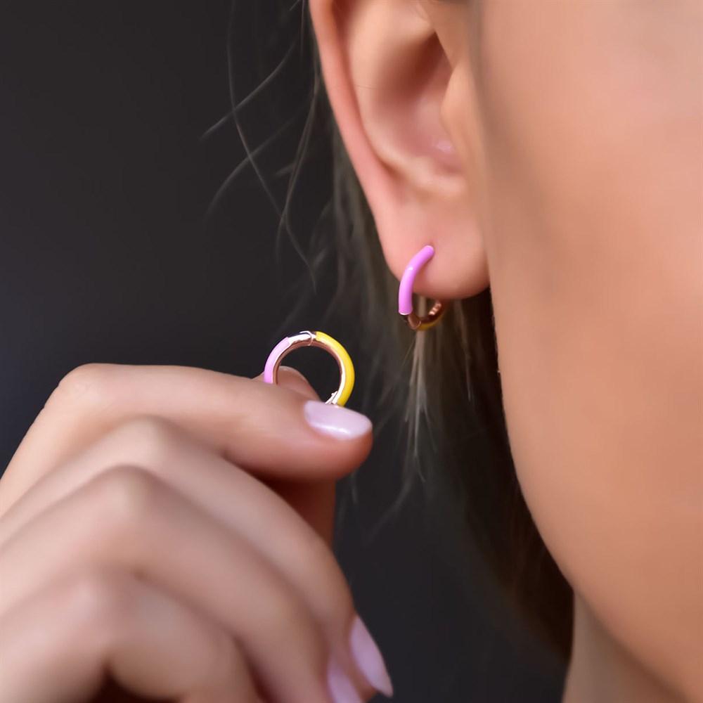 Pembe Sarı Mineli Halka Gümüş Küpe
