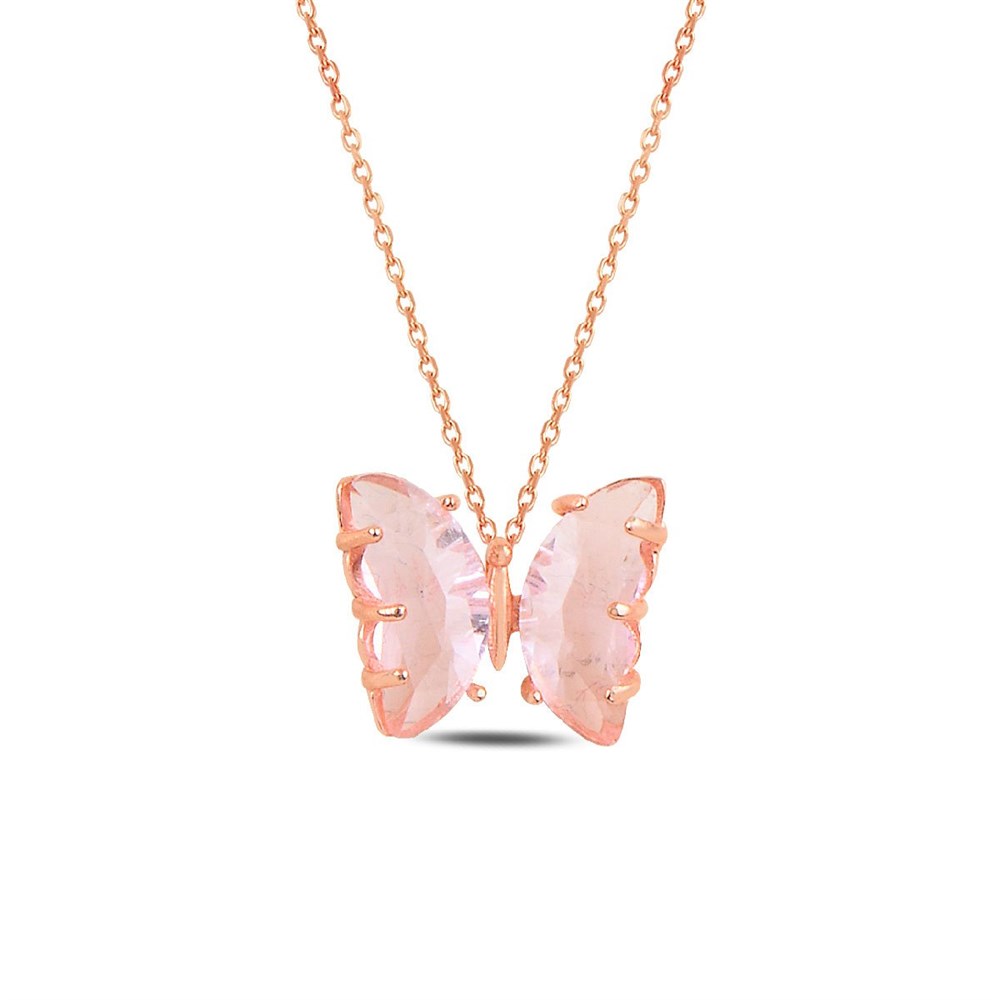 Pembe Taşlı Kelebek Model Gümüş Kolye