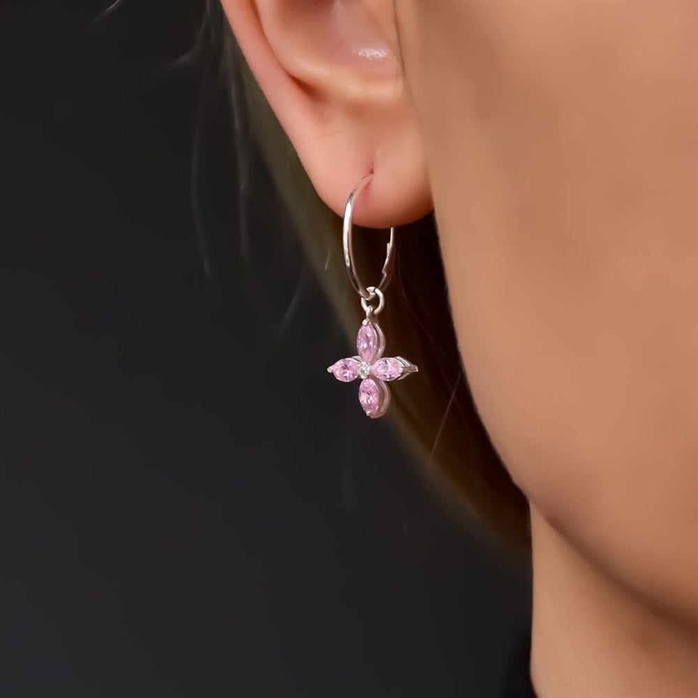 Pembe Zirkon Taşlı Çiçek Sallantılı Küpe