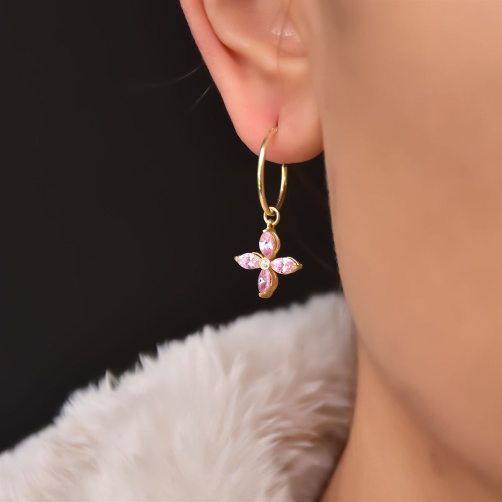 Pembe Zirkon Taşlı Çiçek Sallantılı Küpe Gold