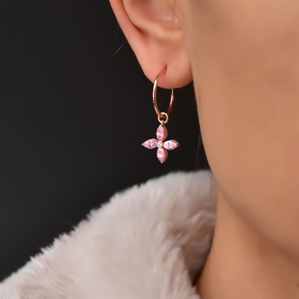 Pembe Zirkon Taşlı Çiçek Sallantılı Küpe Rose