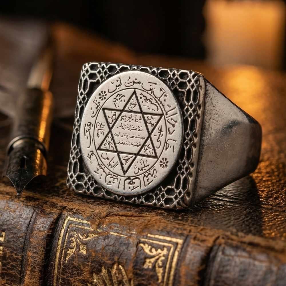 Plaka Üzerine Süleyman Mührü İşlemeli Gümüş YüzükSüleyman Mührü Yüzükler