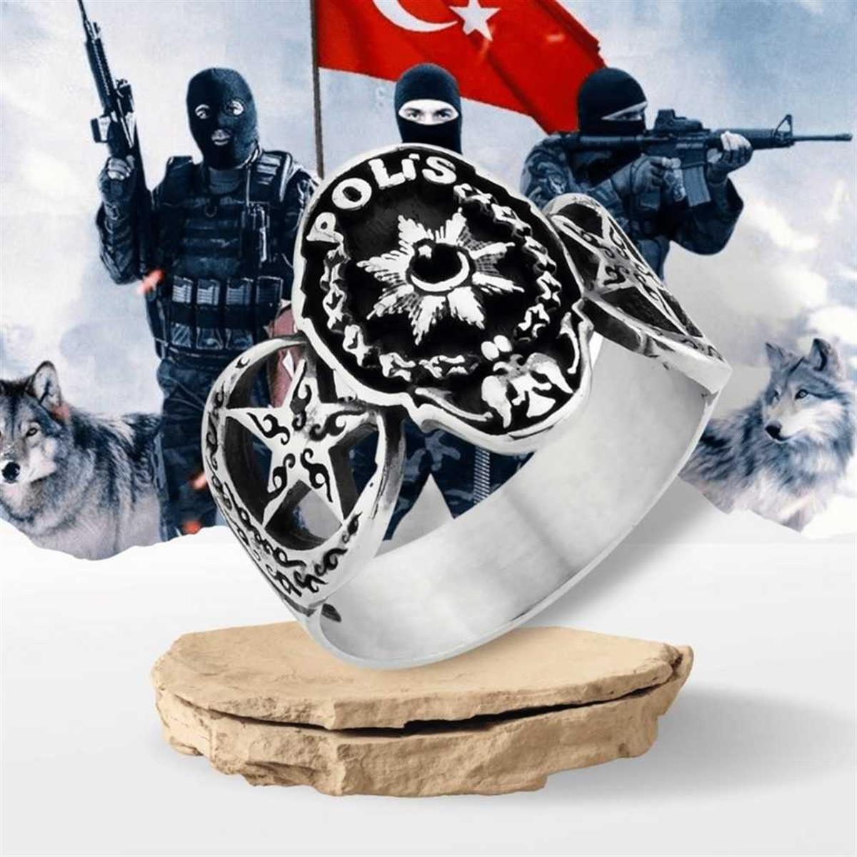 Polis Armalı Kenarı Ay Yıldız Desenli Gümüş Bay Bayan Yüzük
