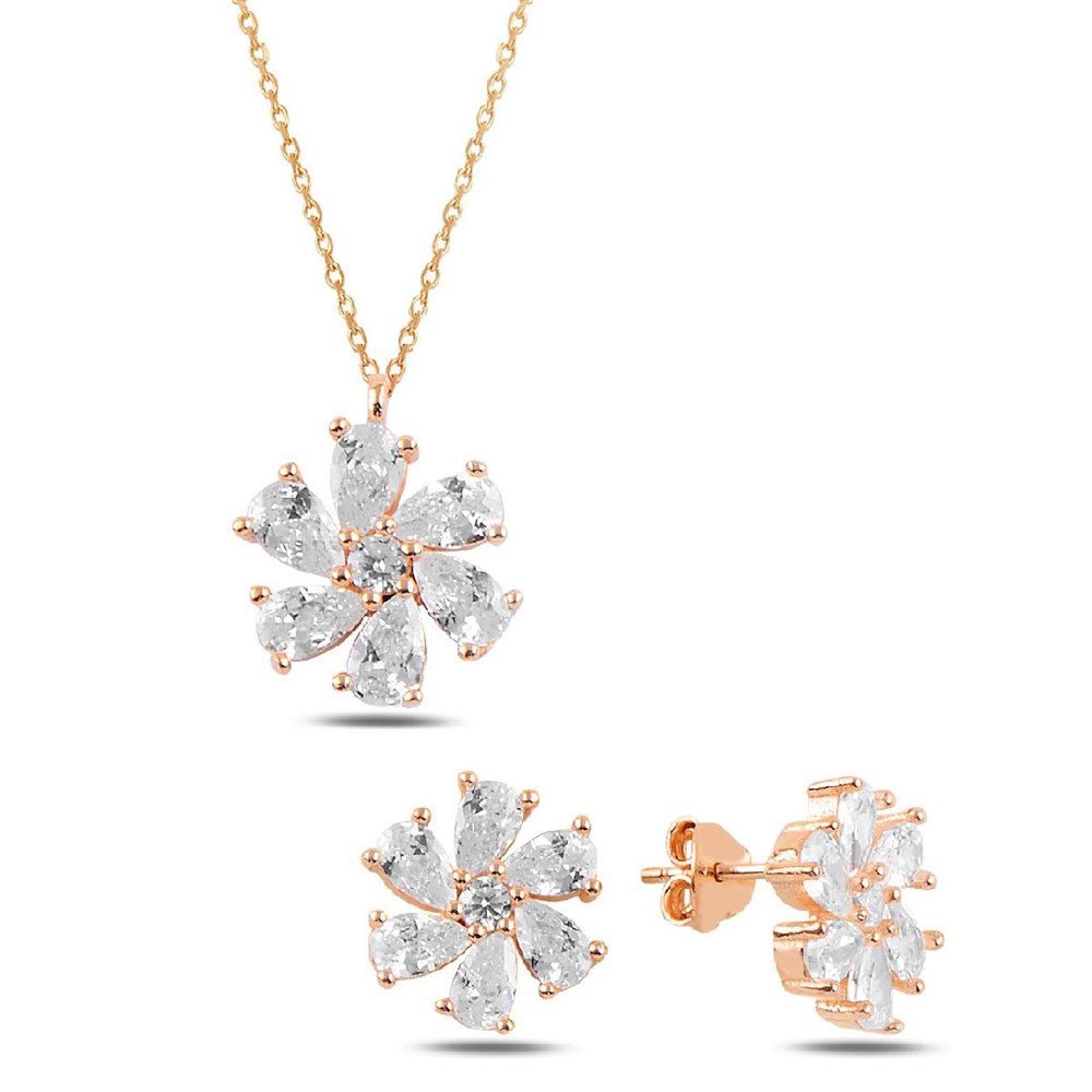 Rose Kaplama Çiçek Model Gümüş Set