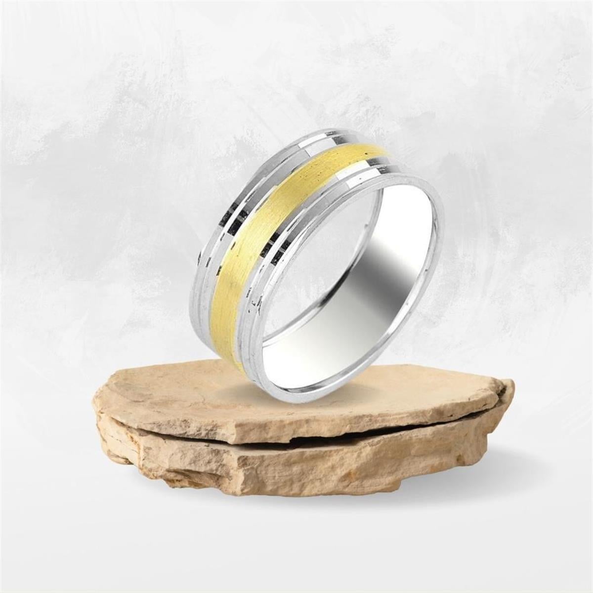 Sade Gold Şerit Detaylı Gümüş Alyans