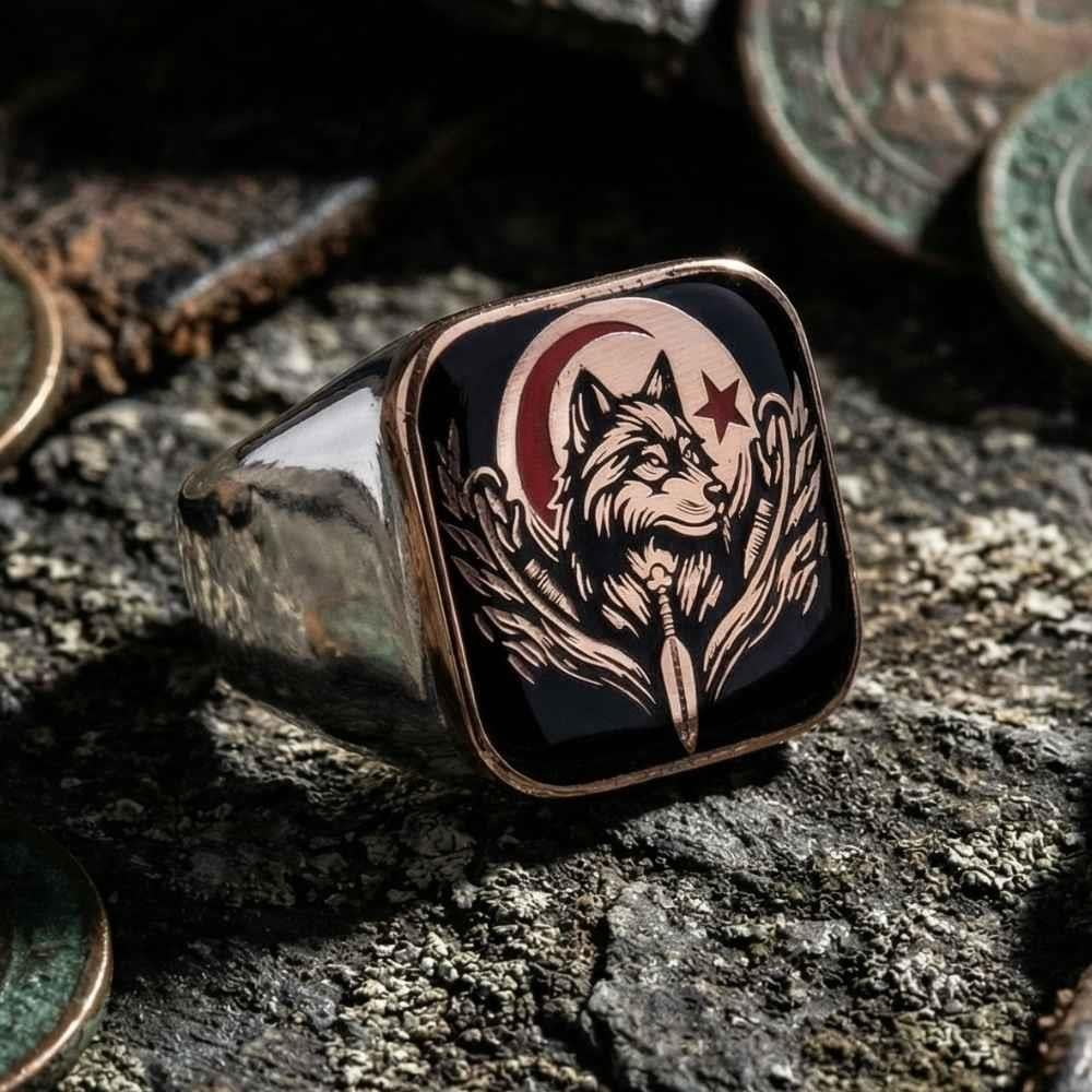 Sade Kasa Bozkurt Türk Bayrağı Gümüş YüzükBozkurt Yüzükleri