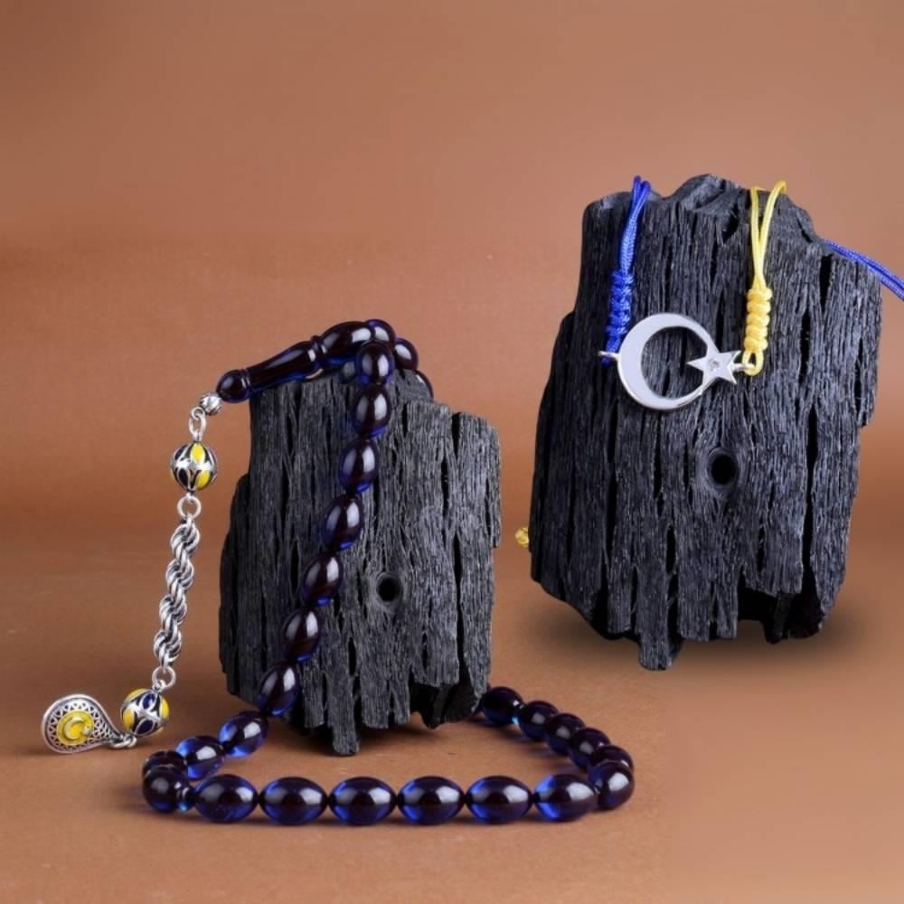 Sarı Lacivert Ateş Kehribar Tesbih Ay Yıldız Bileklik KombiniKombin