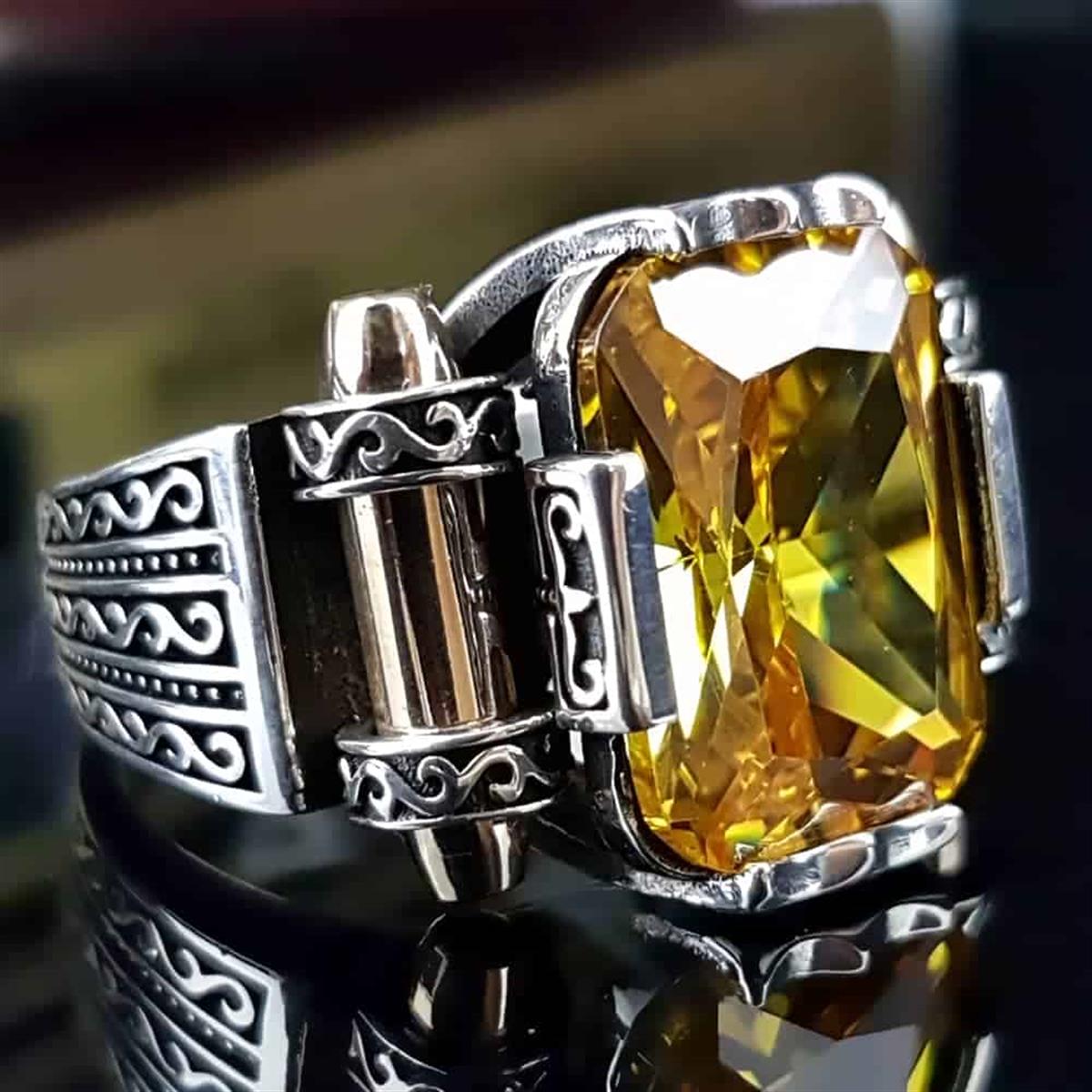 Sarı Zirkon Taşlı Kalkan Modeli Gümüş Yüzük