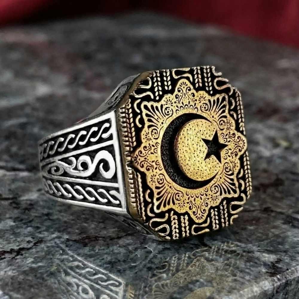 Sekizgen Model Ay Yıldız İşlemeli Gümüş YüzükTaşsız Yüzükler