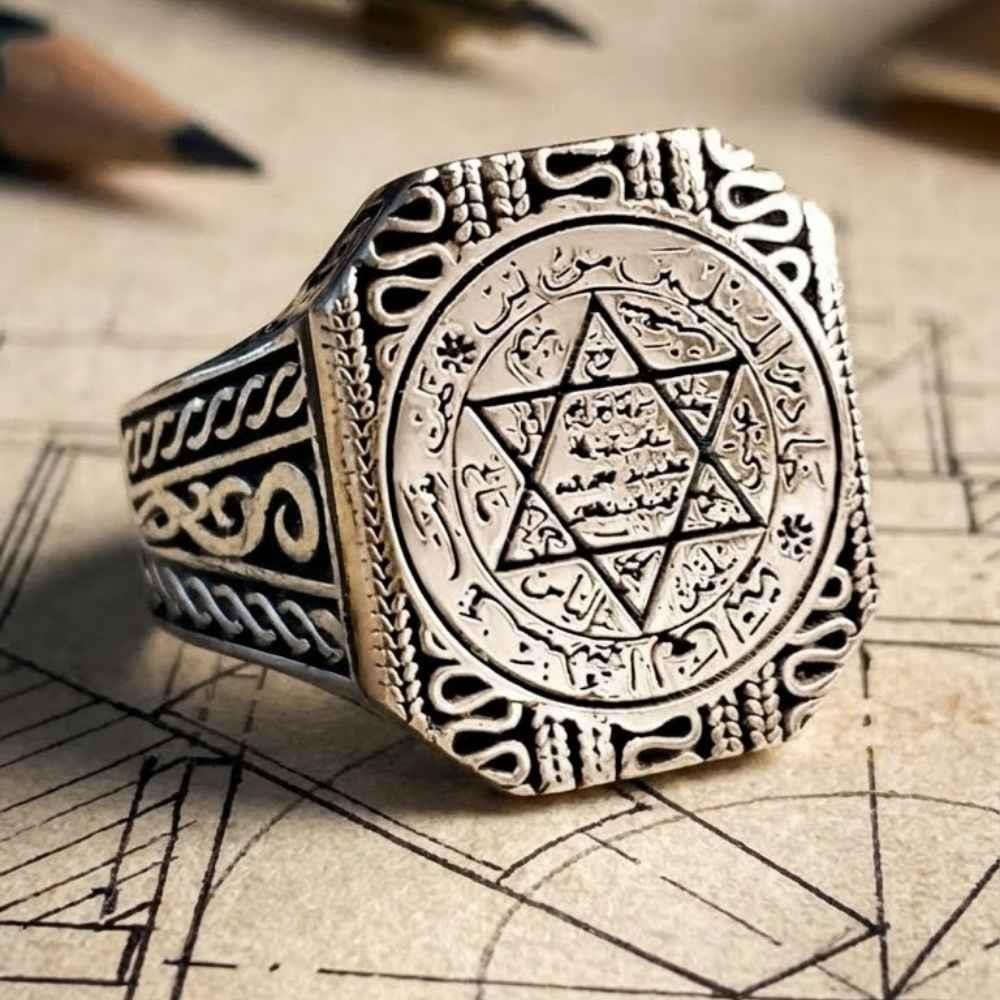 Sekizgen Üzeri Süleyman Mührü İşlemeli Gümüş YüzükSüleyman Mührü Yüzükler