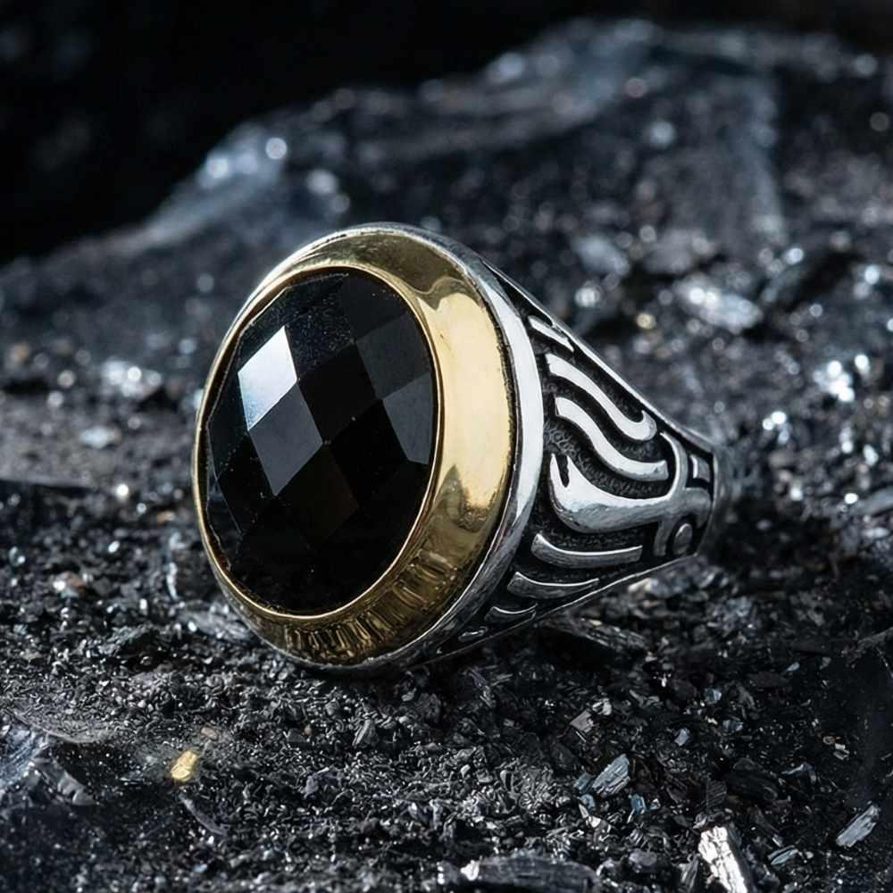 Siyah Kesme Zirkon Taş Model Gümüş Erkek YüzükZirkon Taşlı Yüzükler