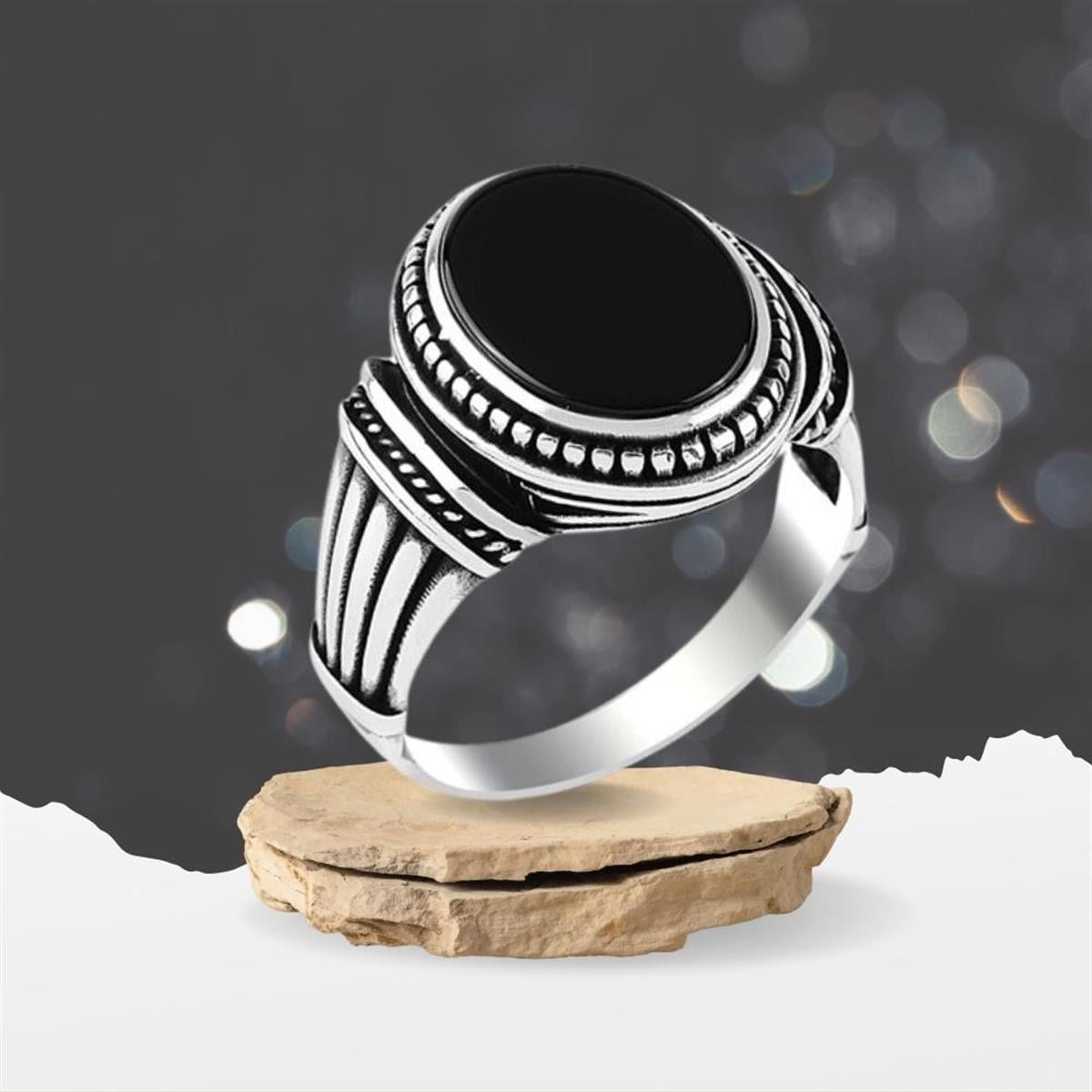 Siyah Oniks Taşlı Saray Kol Desenli Gümüş Yüzük