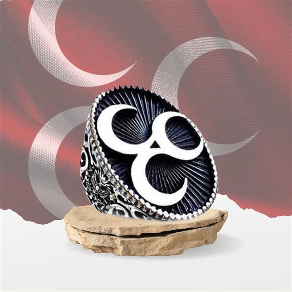 Siyah Zemin Üç Hilal Sembollü Gümüş Erkek Yüzük