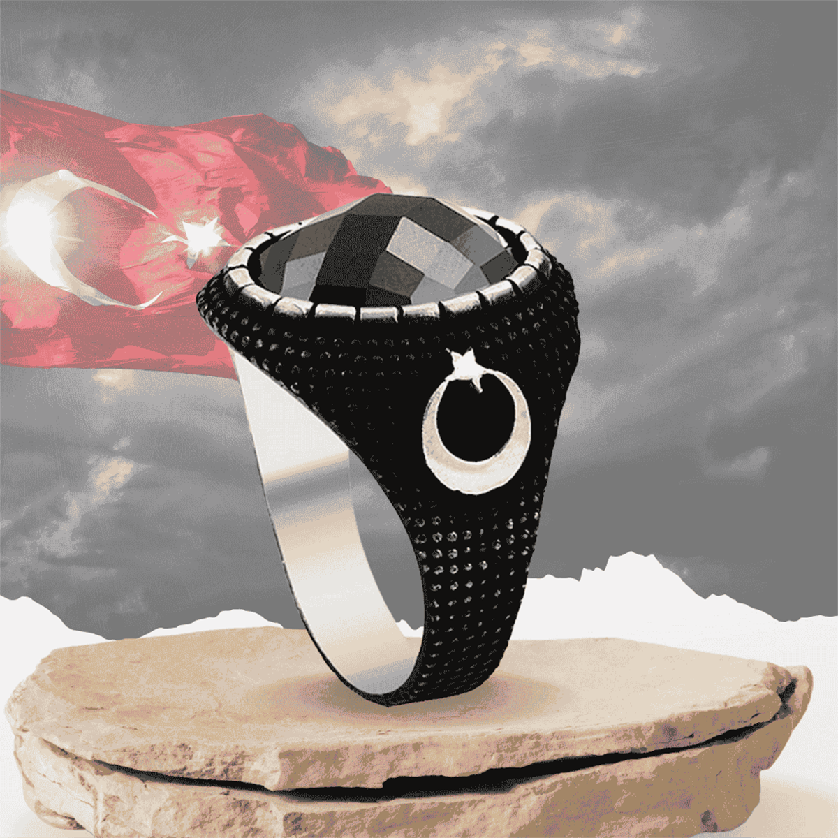 Siyah Zeminli Zirkon Taşlı Gümüş Erkek Yüzük