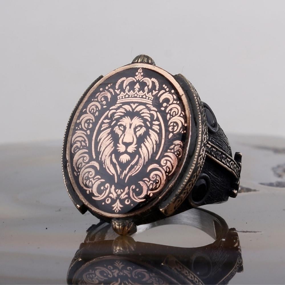 Siyah Zirkon Taşlı Aslan Kral Gümüş YüzükAslan Yüzük