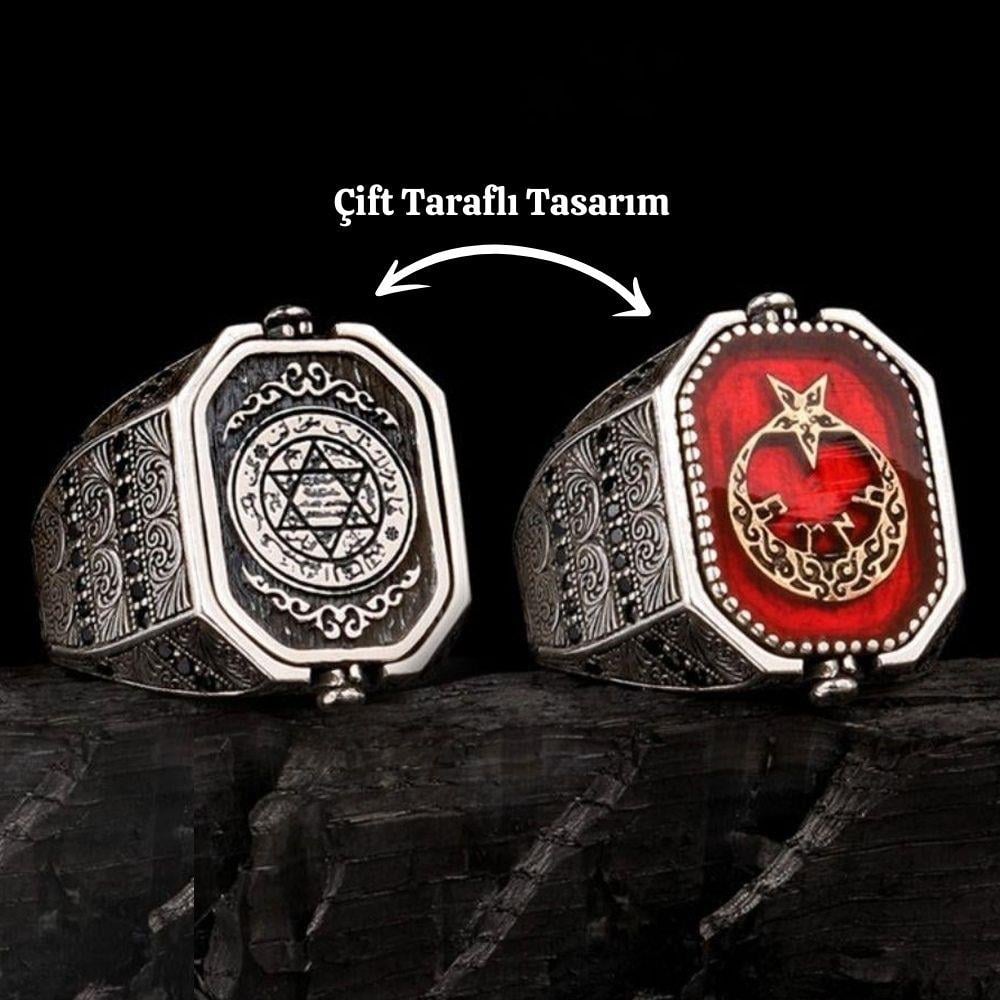 Süleyman Mührü Göktürkçe Türk Yazılı Çift Taraflı Gümüş Yüzük