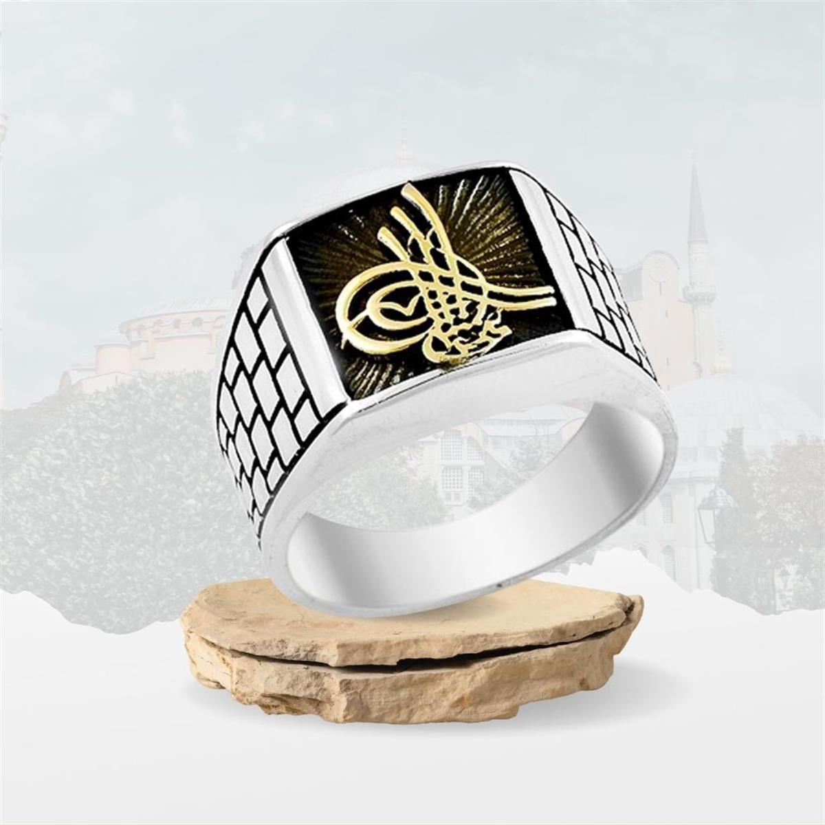 Sur Desenli Osmanlı Tuğralı Gümüş Erkek Yüzük