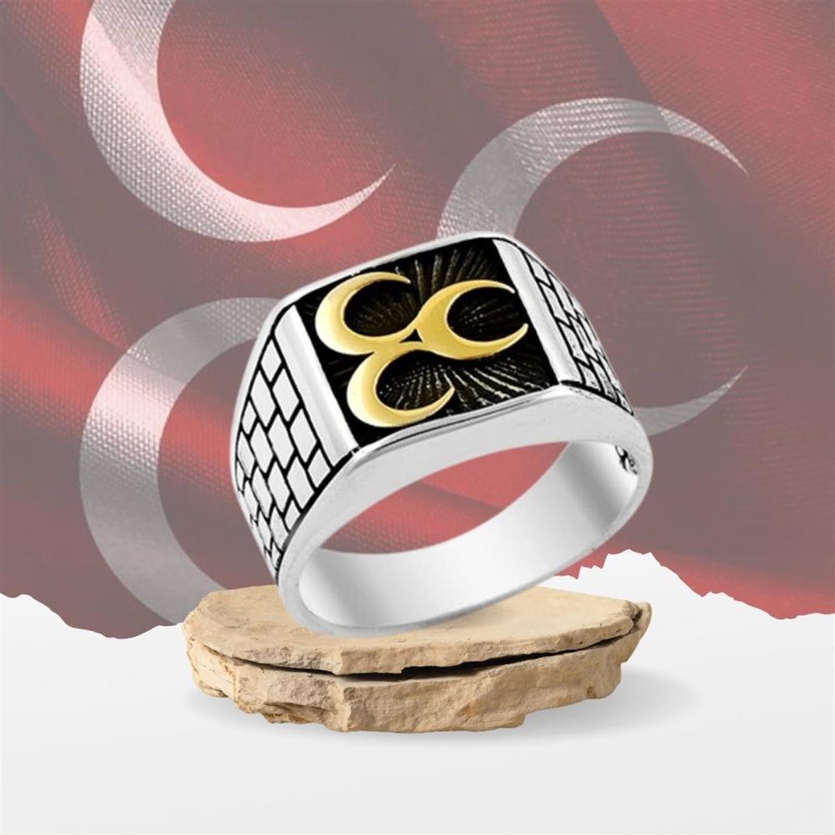 Sur Modeli Üç Hilal Desenli Gümüş Erkek Yüzük