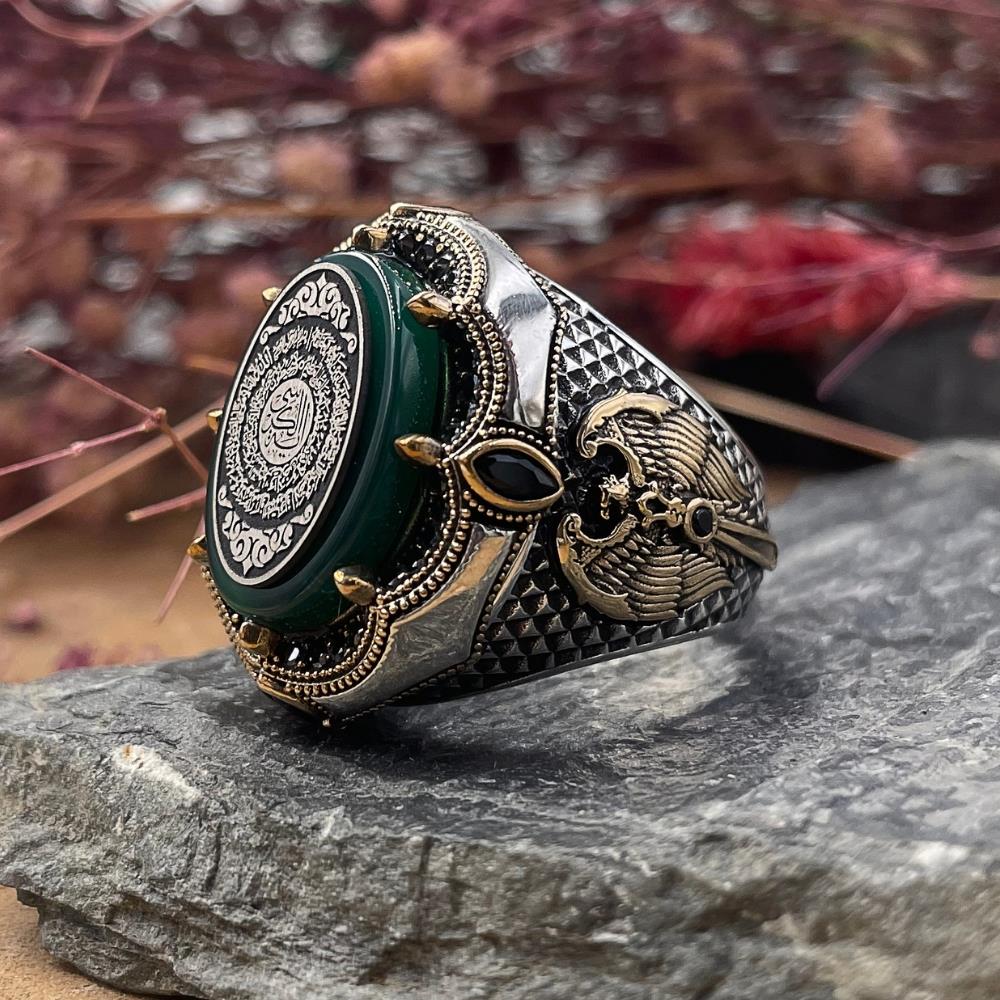 Taç Model Ayetel Kürsi İşlemeli Gümüş YüzükHasbiyallah Yüzük