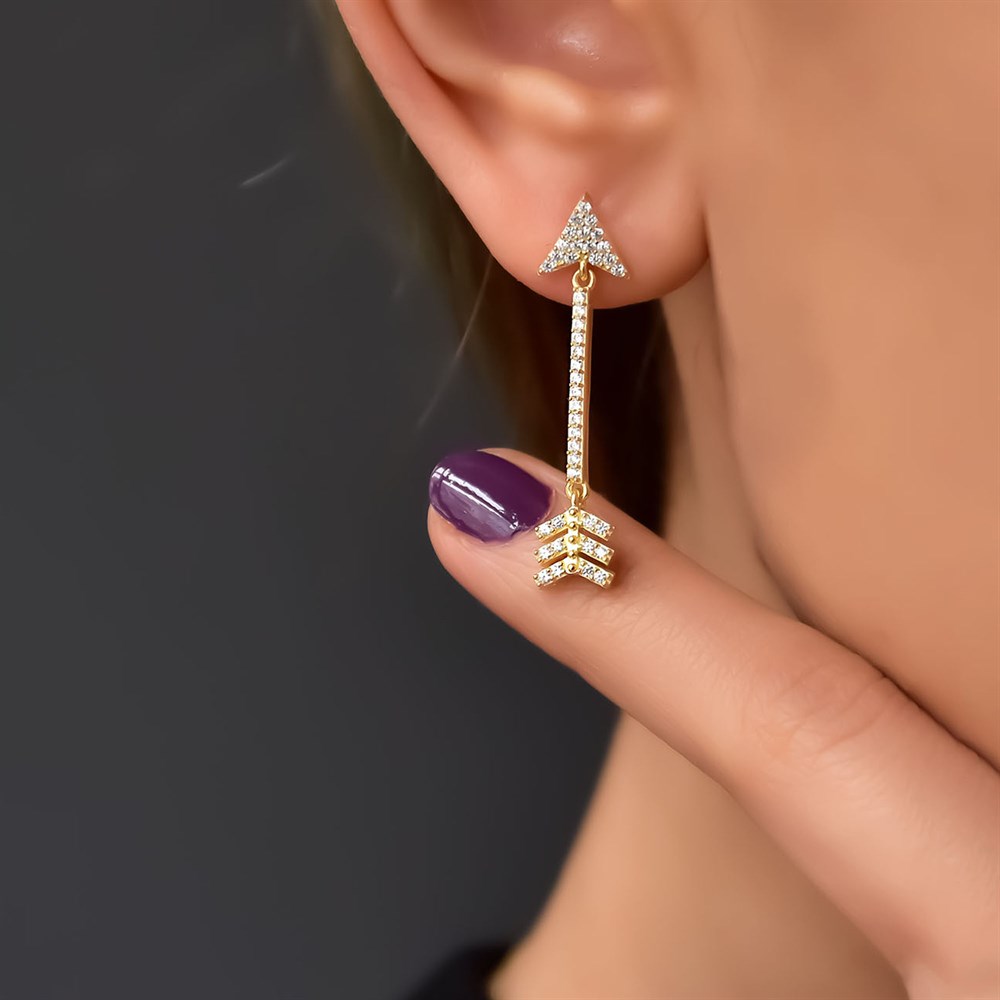 Taşlı Ok Gümüş Küpe