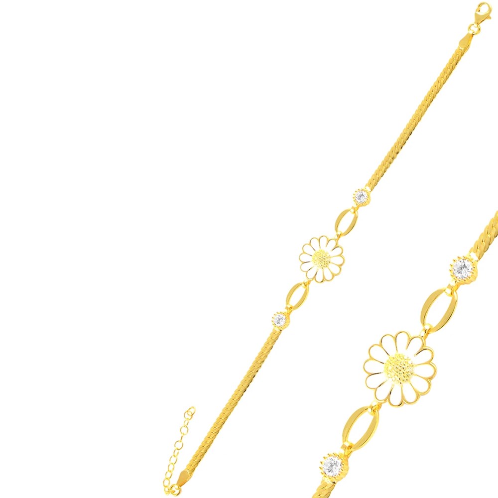 Taşlı Papatya Gümüş Bileklik Rose