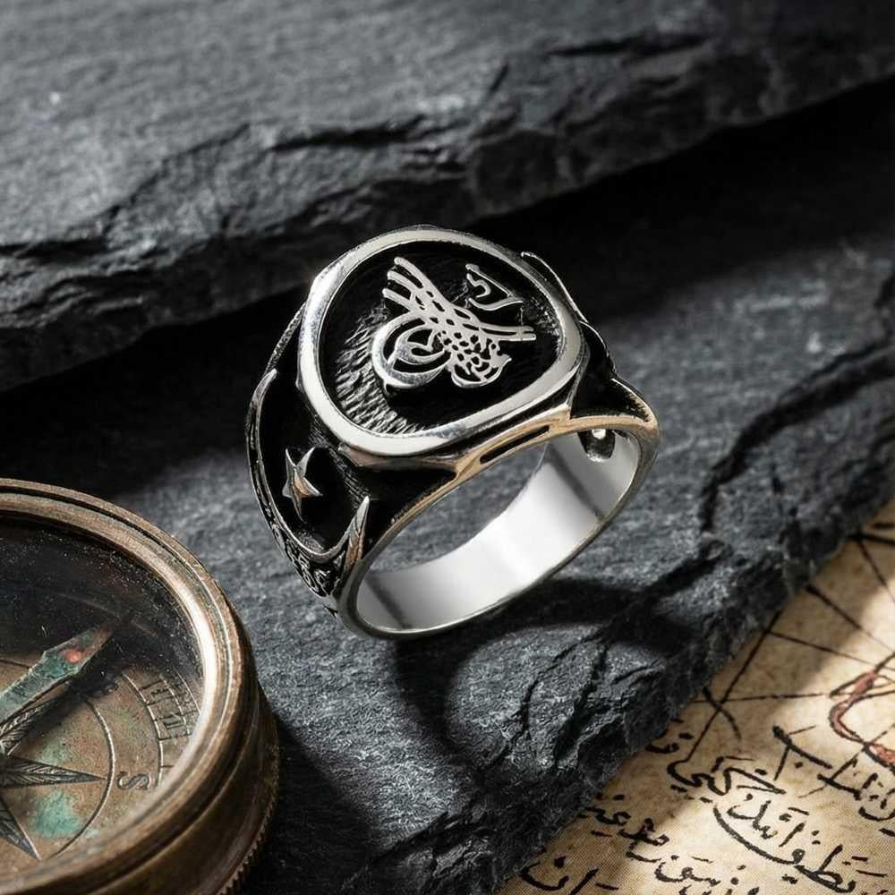 Tuğra Desenli Ay Yıldız Modeli Gümüş Erkek YüzükTuğra Yüzük