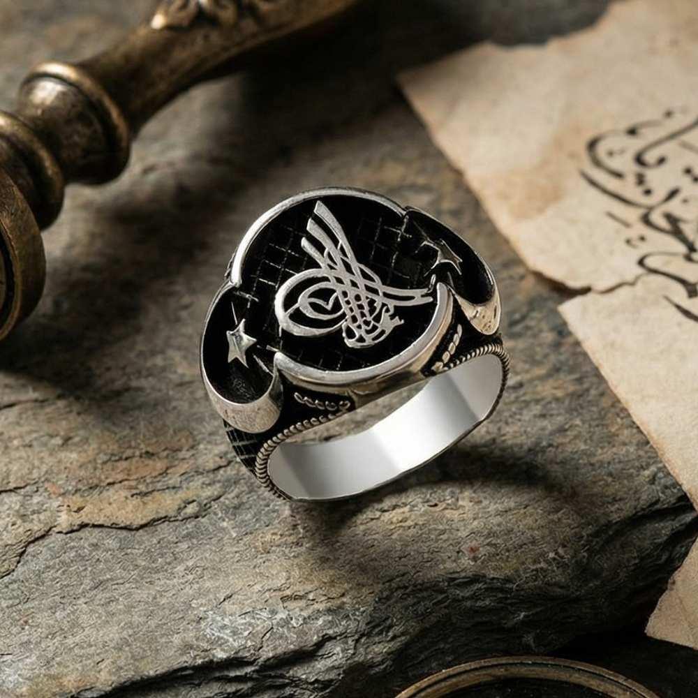 Tuğra Motifli Ay Yıldız Modeli Gümüş Erkek YüzükTuğra Yüzük