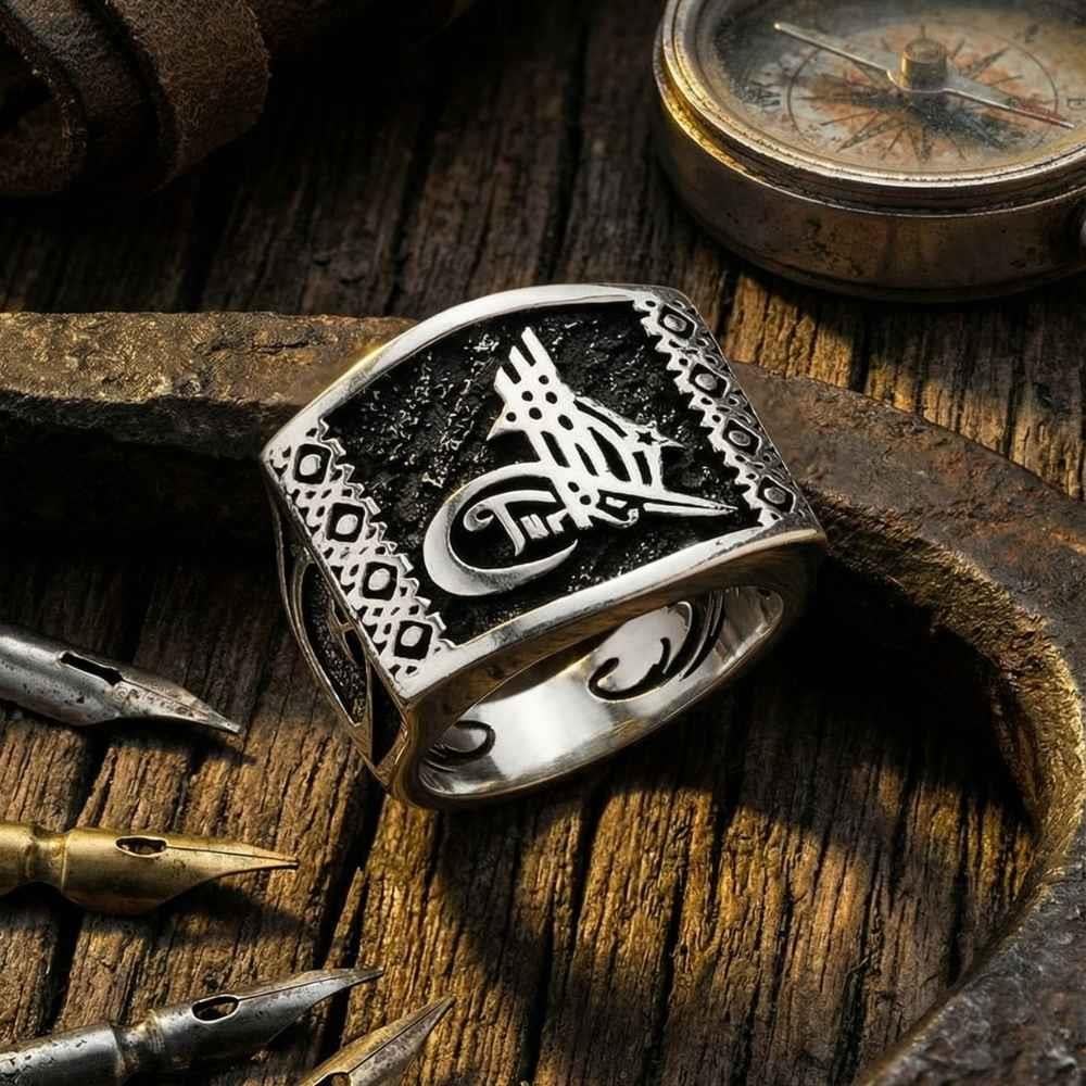 Tuğra Motifli Ay Yıldız Ve Kartal Desenli Gümüş Erkek YüzükTuğra Yüzük