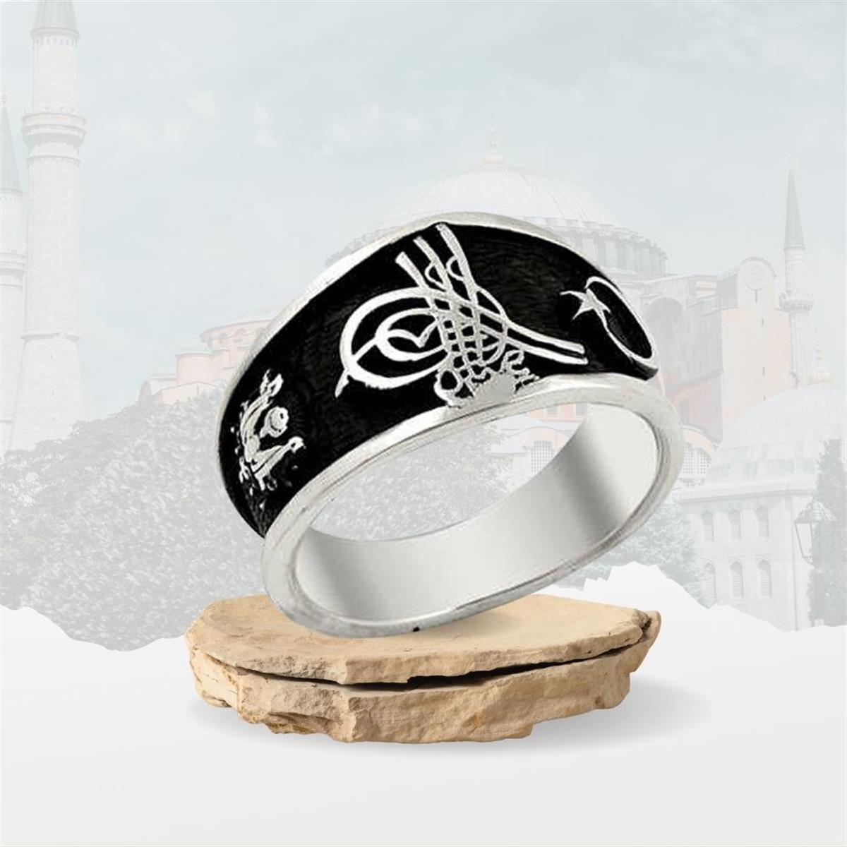 Tuğra Motifli Osmanlı Devlet Arması Ay Yıldız Gümüş Yüzük
