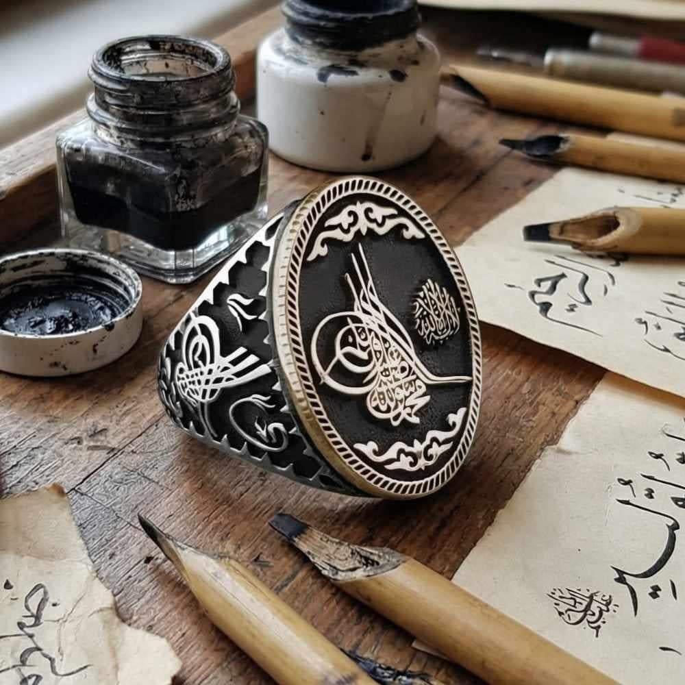 Tuğra Üzeri Kelime-i Tevhid Kenar Motifli Erkek Gümüş YüzükAy Yıldız Yüzükler