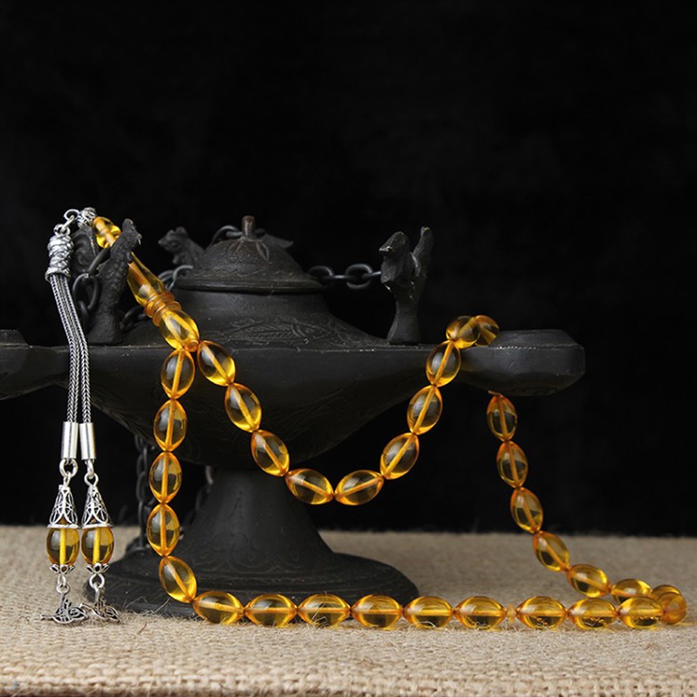 Tuğralı Püskül Detaylı Sıkma Kehribar Tesbih